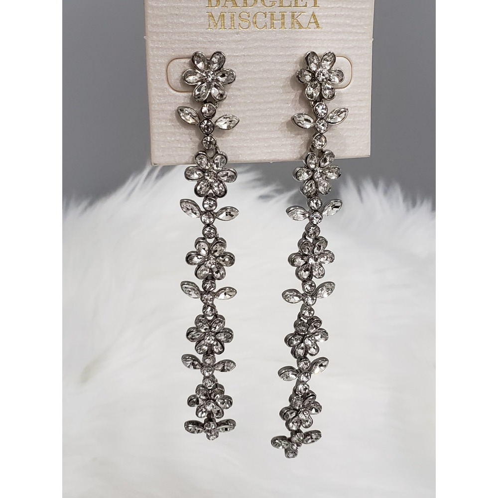 4.75" Studio Badgley Mischka Clear Crystal Dangle Earrings Floral Leaf Wedding